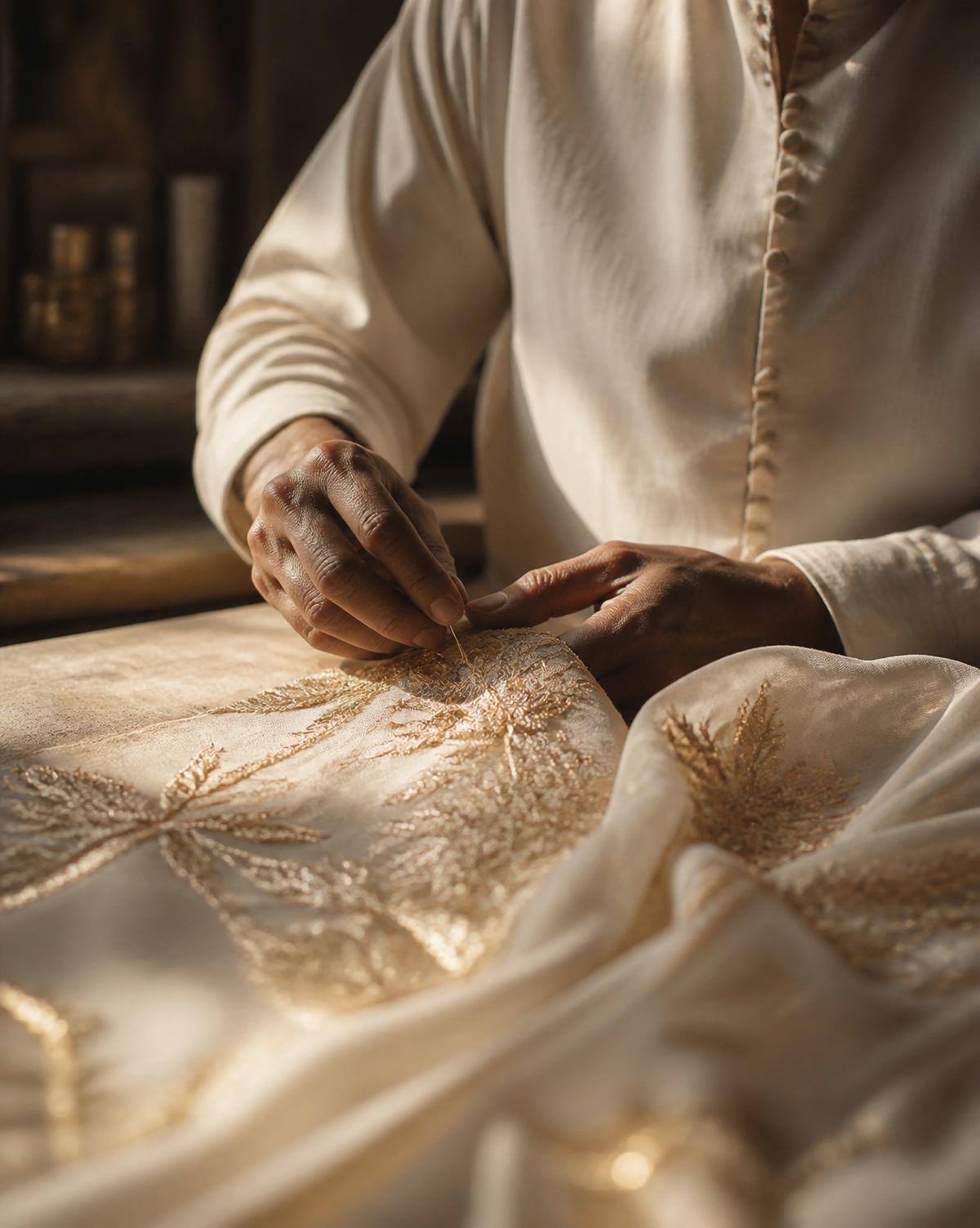 Artisan hand-stitching golden thread in a heritage atelier